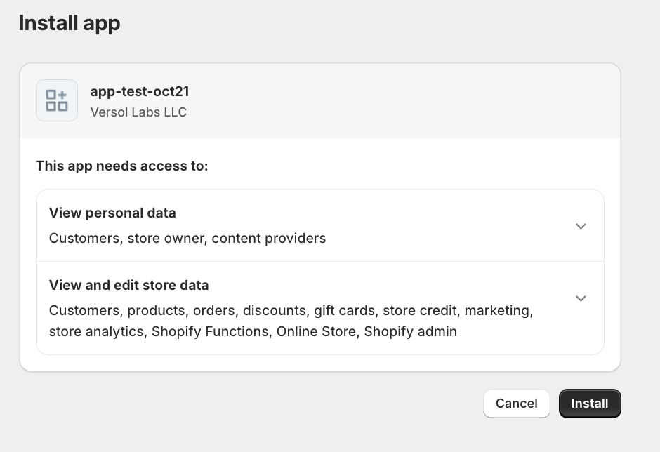 Shopify app consent screen